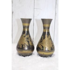 Vintage Brass Vases Pair Etched Floral Design Mid Century Decor 5”